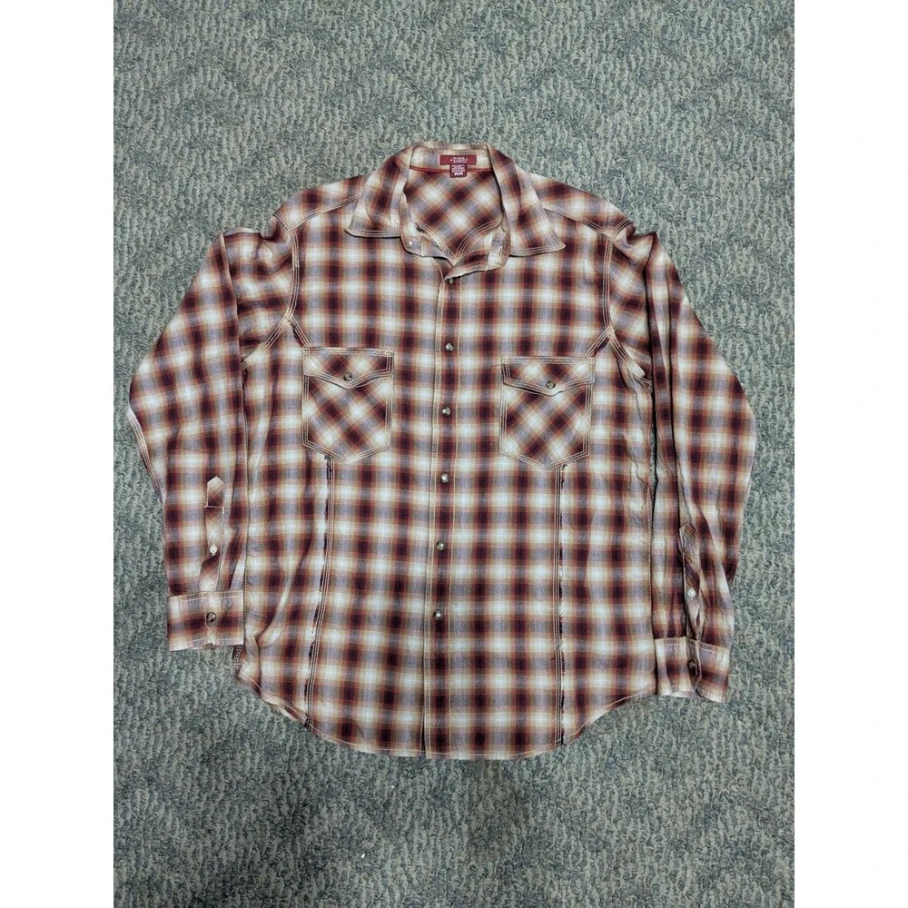 Arizona Jean Company Mens Western Plaid Snap Button Shirt Burgundy Tan Medium - Picture 1 of 6